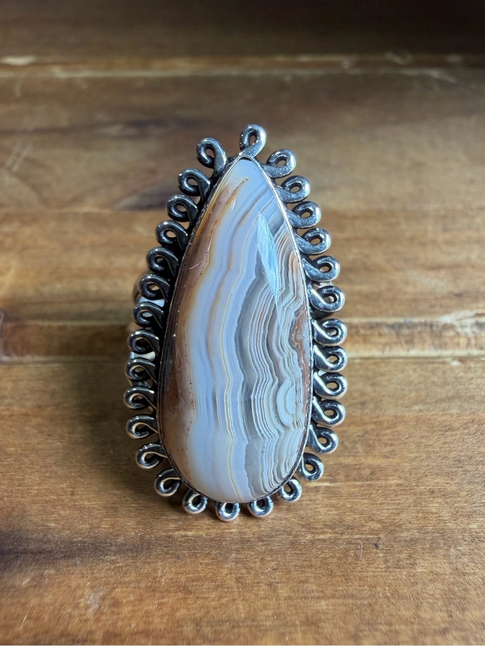 Boho Vintage Style Botswana Agate Gemstone Ring Size 6 Silver 925 Overlay